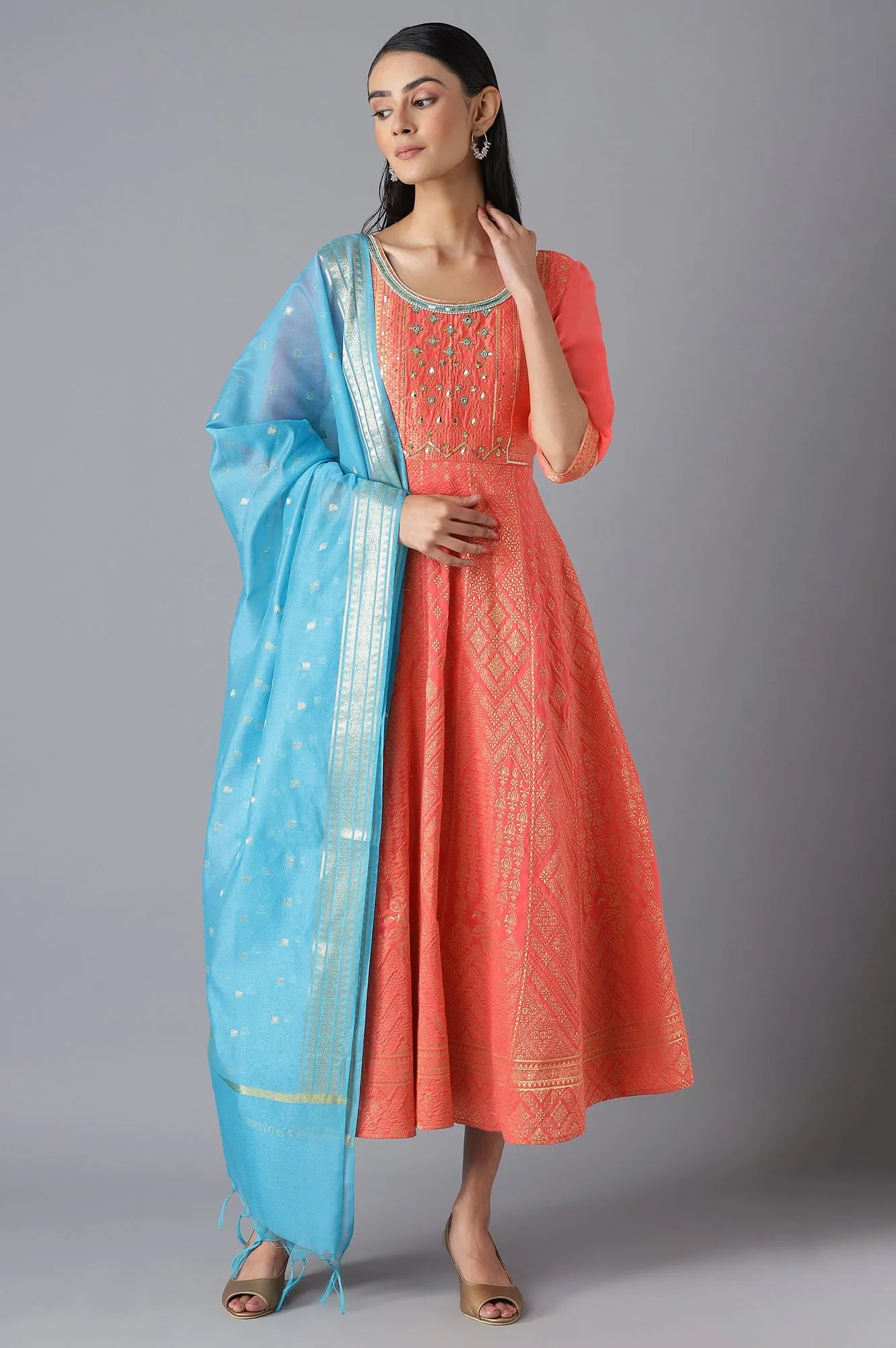 Pink Bead Work Dress and Dupatta Set