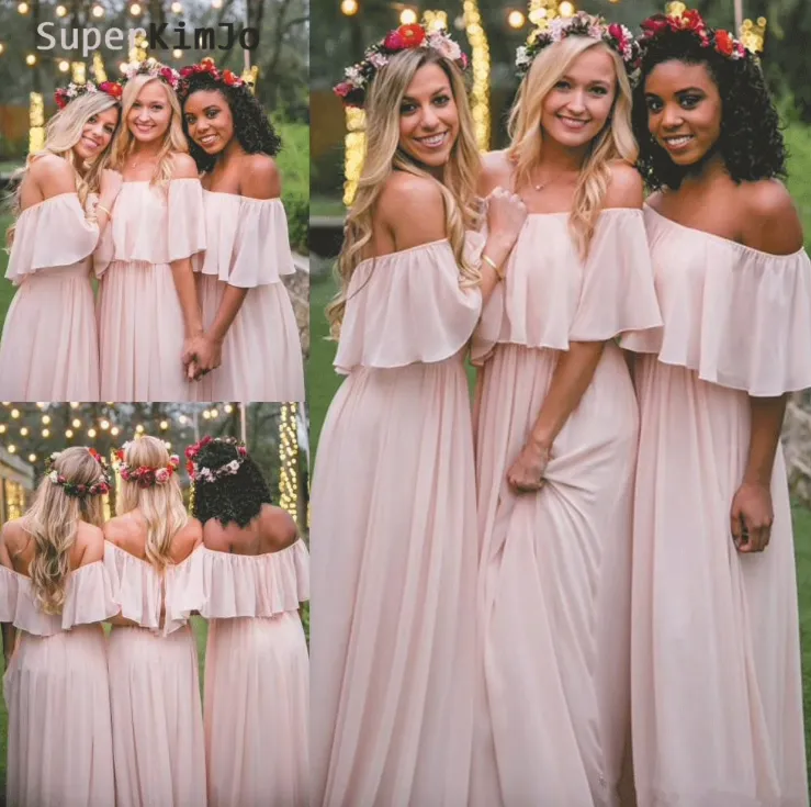 pink bridesmaid dresses long chiffon off the shoulder cheap wedding party dresses 2020