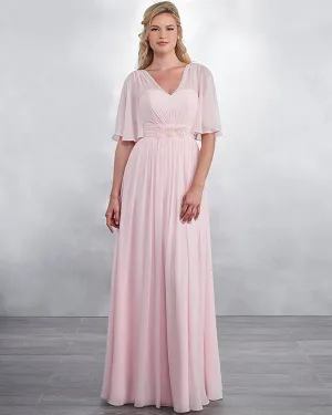 Pink Chiffon Bridesmaid Dresses with Short Sleeve V-Neck Party Gown Floor Length