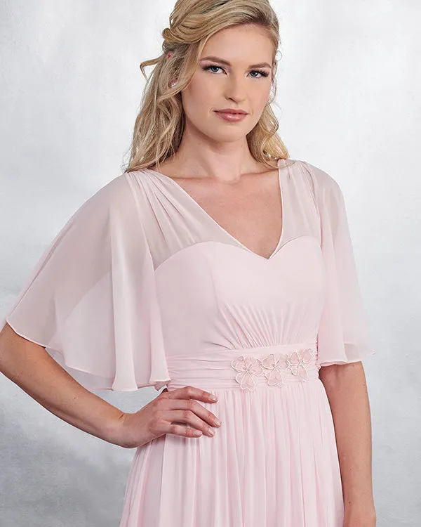 Pink Chiffon Bridesmaid Dresses with Short Sleeve V-Neck Party Gown Floor Length