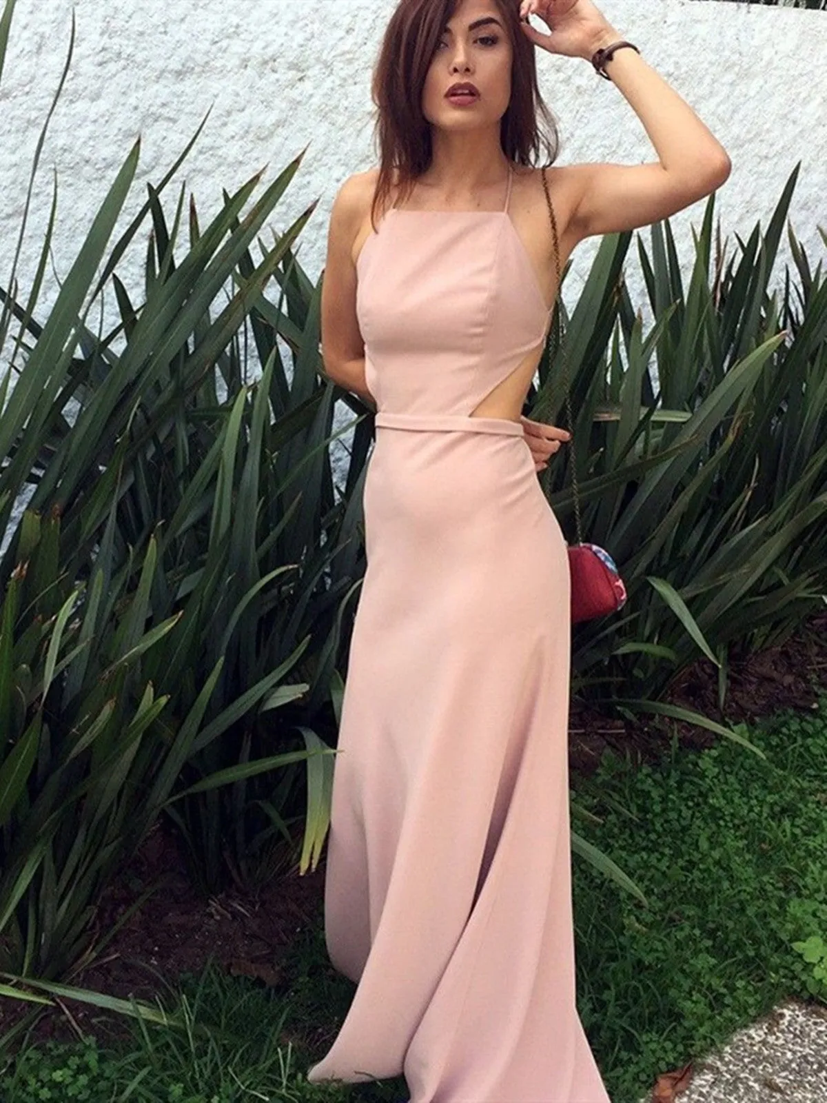 Pink Chiffon Spaghetti Straps Prom Dress, Pink Chiffon Spaghetti Straps Formal Evening Dress