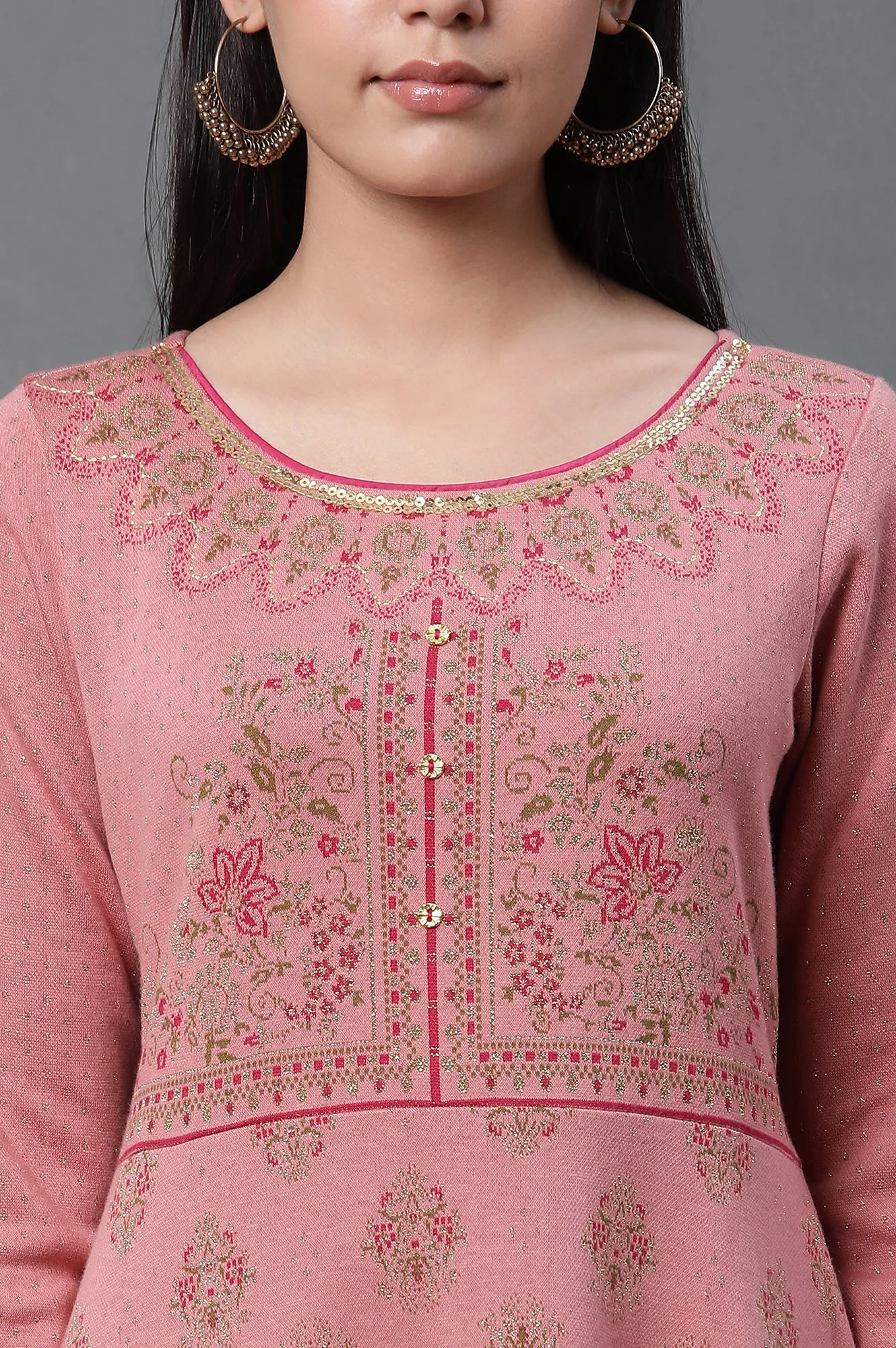 Pink Jacquard Embellished Winter Dress