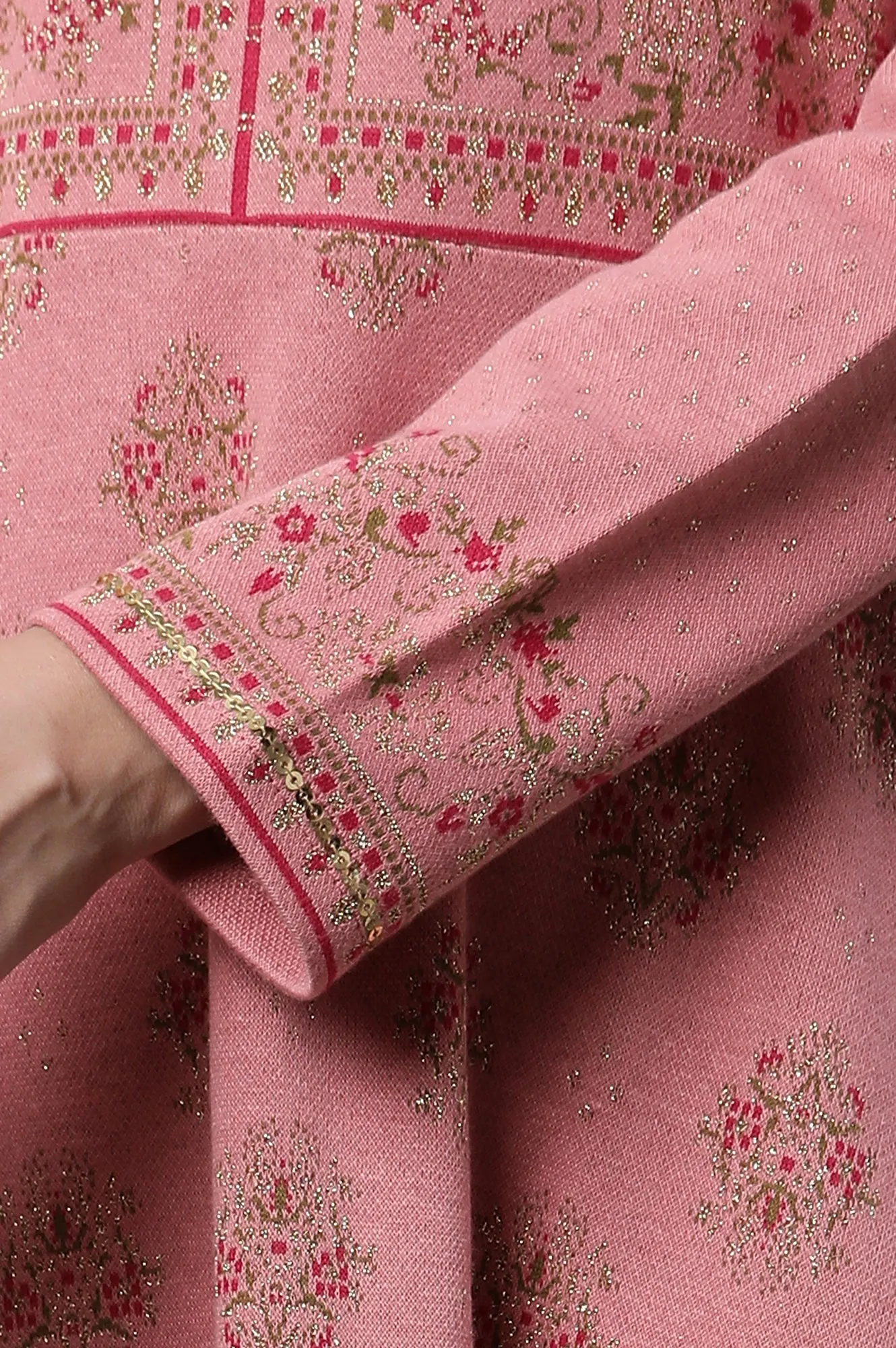 Pink Jacquard Embellished Winter Dress