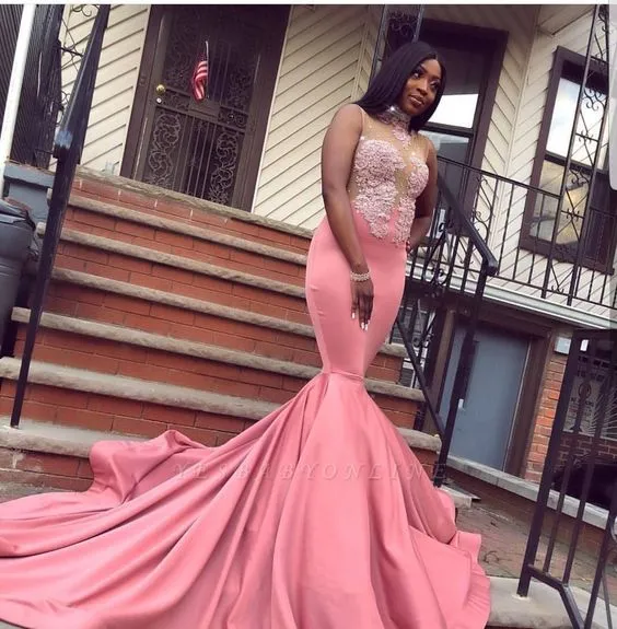 pink lace applique evening dresses vestido de longo high neck mermaid elegant simple evening gown