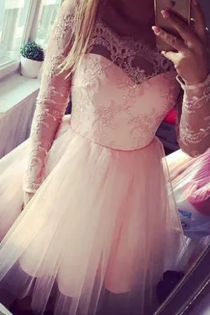 Pink Long Sleeves Lace Tulle Short Backless Homecoming Dresses,Graduation Dresses OK334