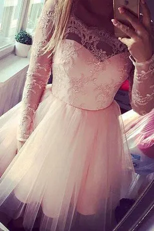 Pink Long Sleeves Lace Tulle Short Backless Homecoming Dresses,Graduation Dresses OK334