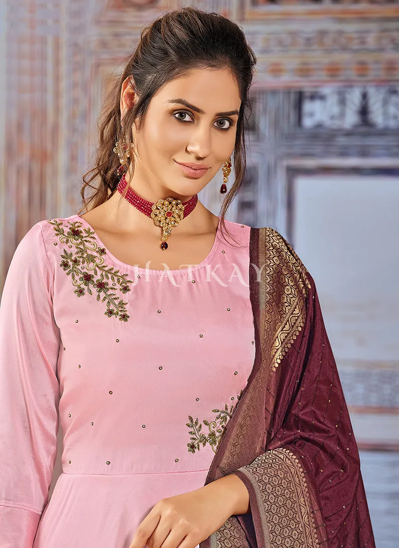Pink Maroon Embroidered Silk Anarkali Suit