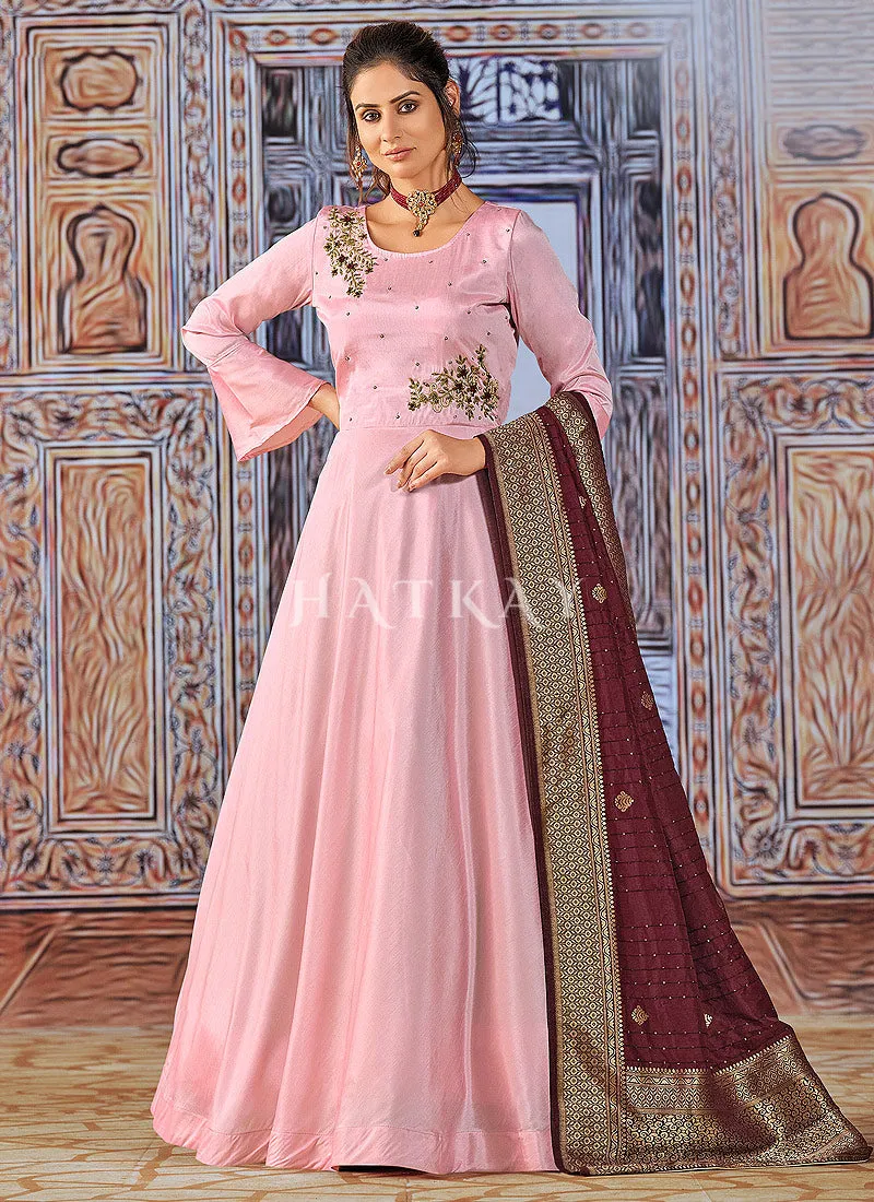 Pink Maroon Embroidered Silk Anarkali Suit