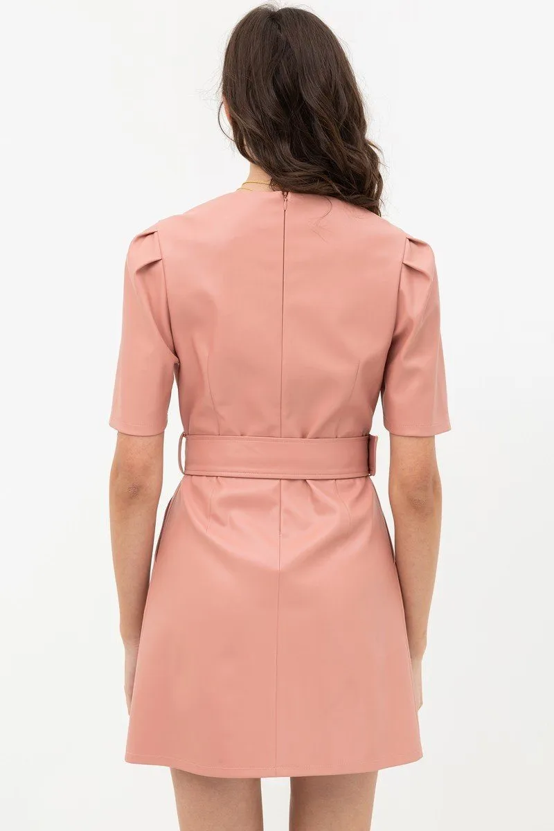 Pleather Dress With Belt Buckle Across Waist. Short Sleeve With V Neckline