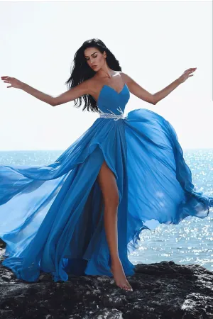 Plunging Sweetheart Blue Chiffon Prom Dress with Beaded Sash