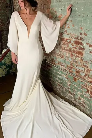 Plunging V-neck Simple Bridal Dress with Sleeves