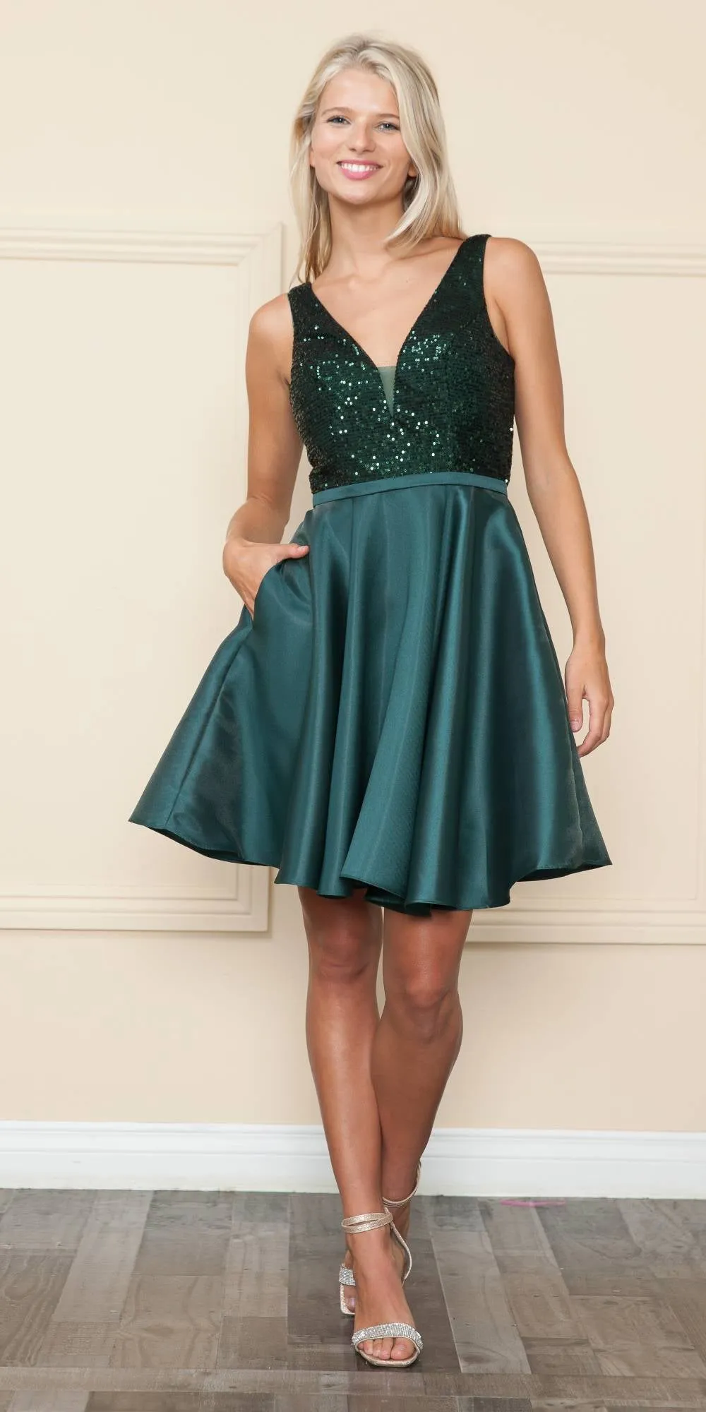 Poly USA 8954 Short A-Line Sequin Bodice Dress with Pockets