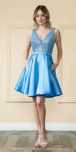 Poly USA 8954 Short A-Line Sequin Bodice Dress with Pockets