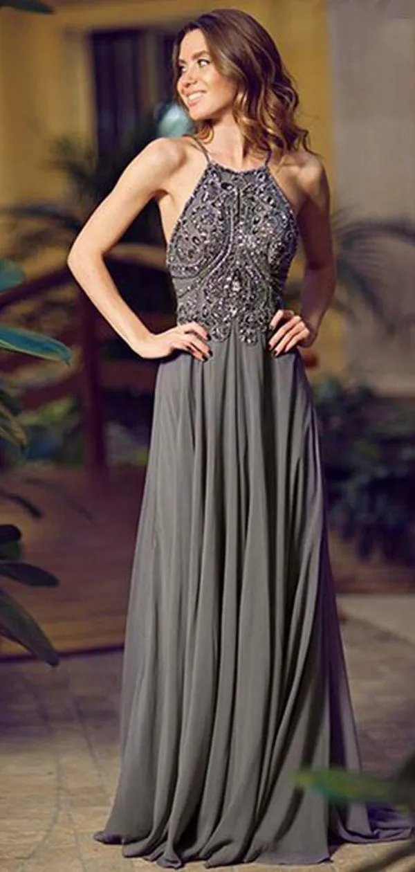 Popular Gray Chiffon Cheap Backless Sexy Evening Prom Dresses,PD0032