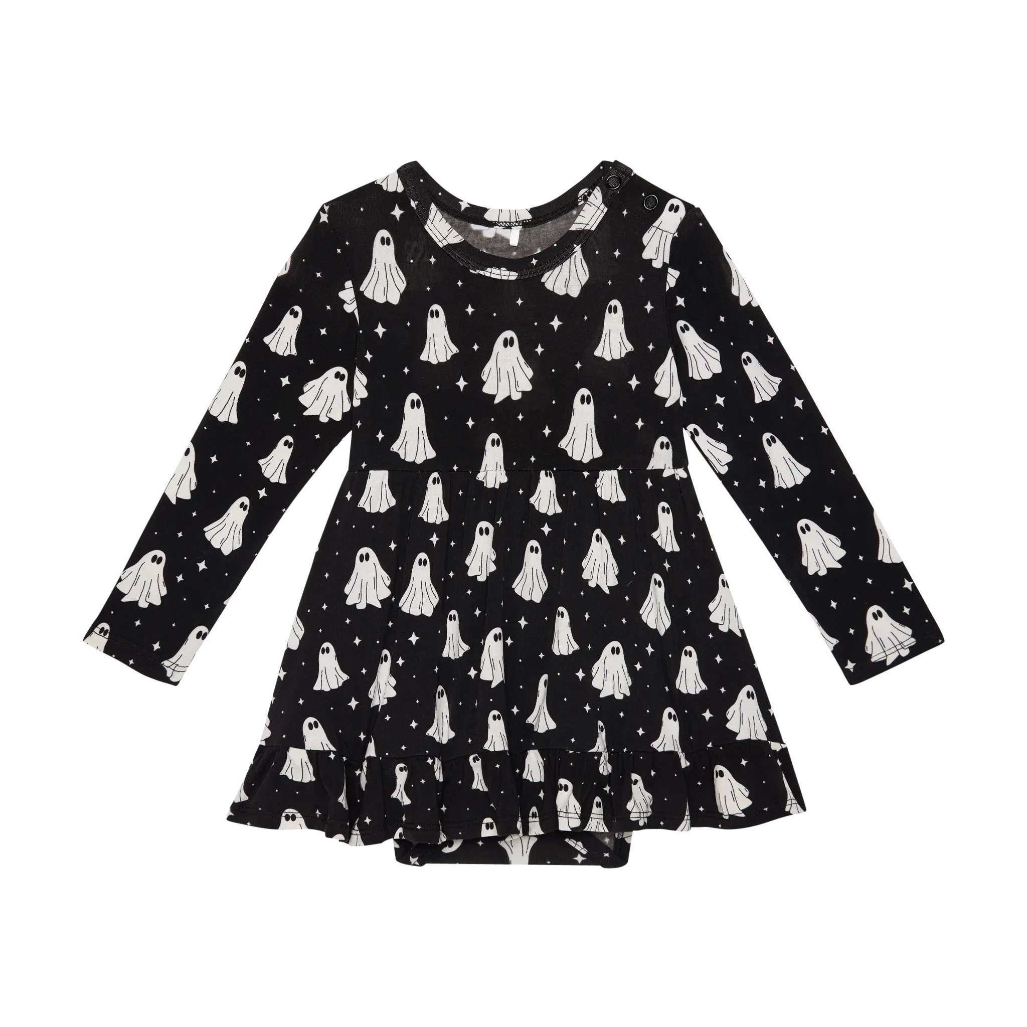 Posh Peanut Halloween Long Sleeve Girls Ruffled Bodysuit Dress in Ghostly (Glow-in-the-Dark)