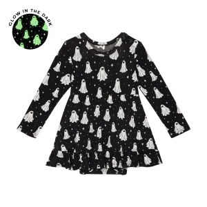 Posh Peanut Halloween Long Sleeve Girls Ruffled Bodysuit Dress in Ghostly (Glow-in-the-Dark)