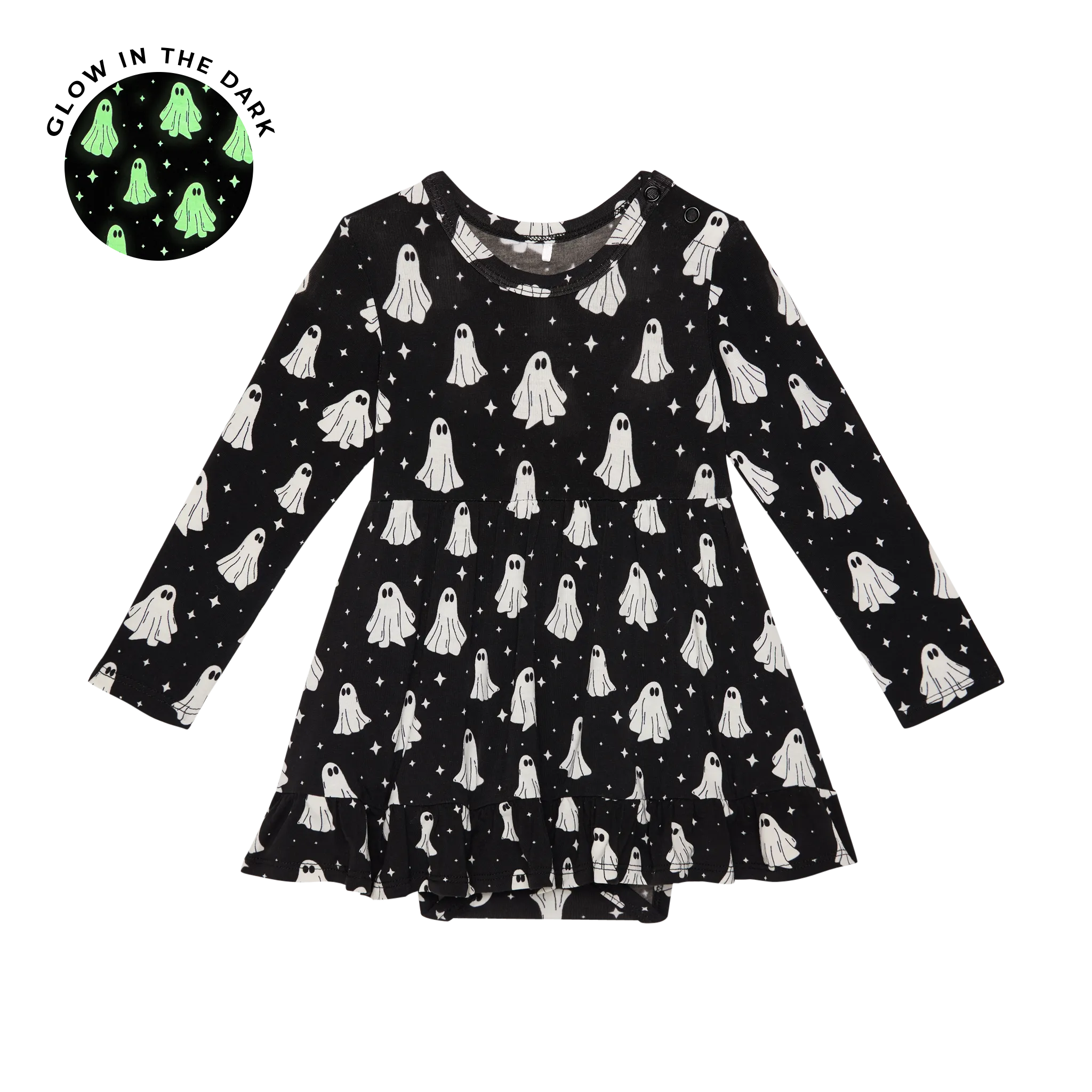 Posh Peanut Halloween Long Sleeve Girls Ruffled Bodysuit Dress in Ghostly (Glow-in-the-Dark)