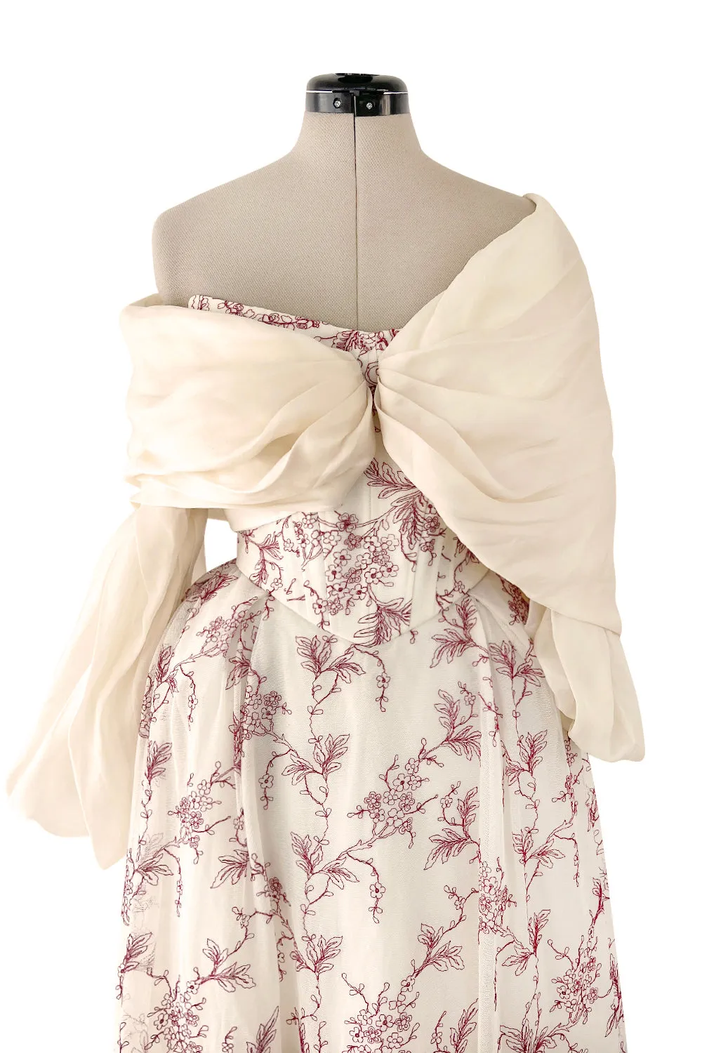 Prettiest 2000s Christian Lacroix Embroidered Net Strapless Dress w Dramatic Sleeved Bolero