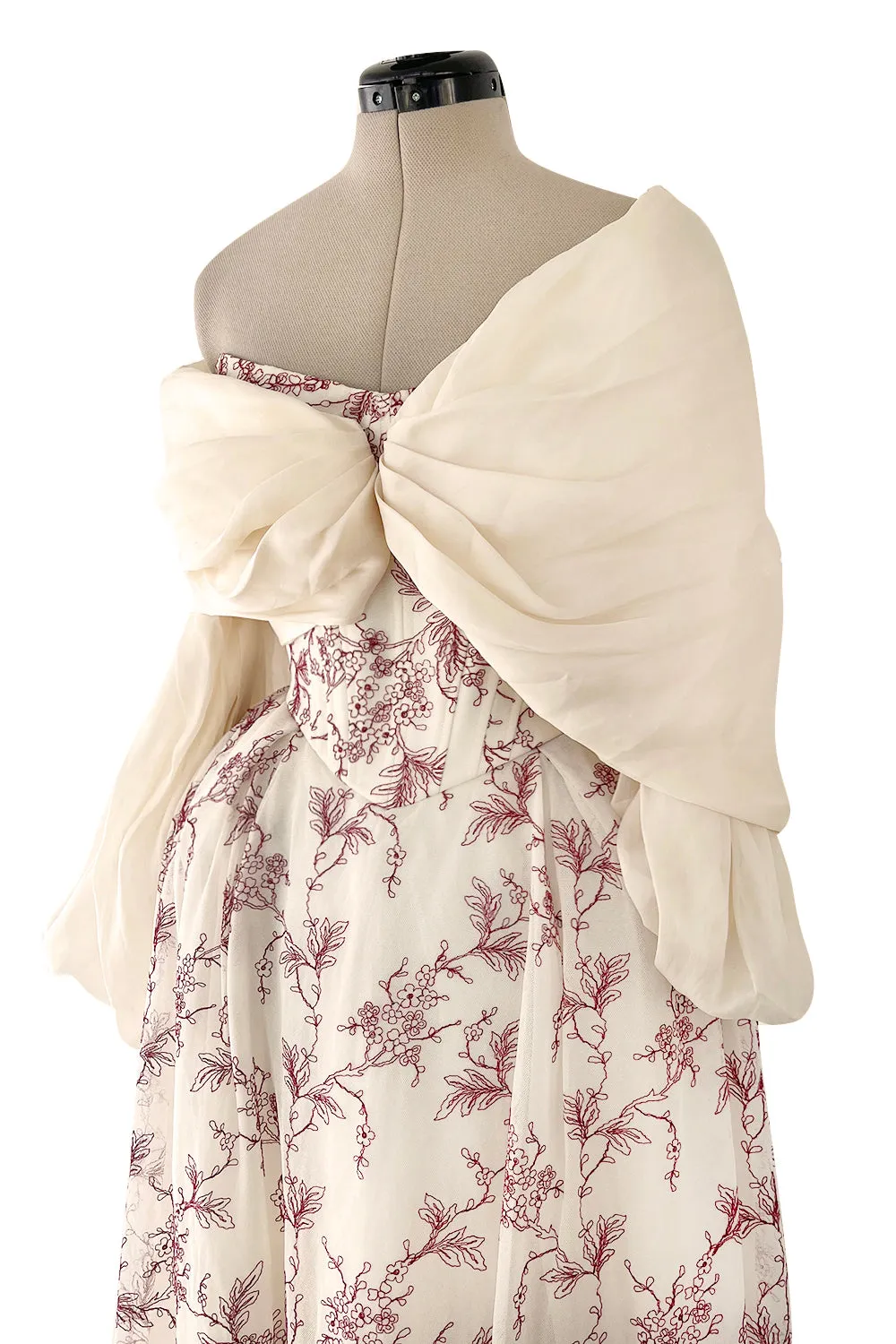 Prettiest 2000s Christian Lacroix Embroidered Net Strapless Dress w Dramatic Sleeved Bolero
