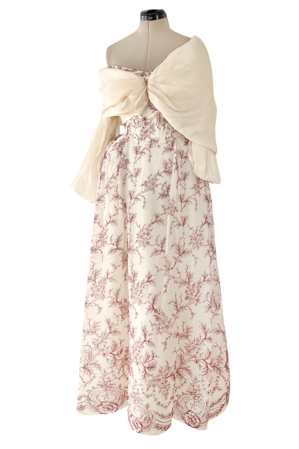 Prettiest 2000s Christian Lacroix Embroidered Net Strapless Dress w Dramatic Sleeved Bolero