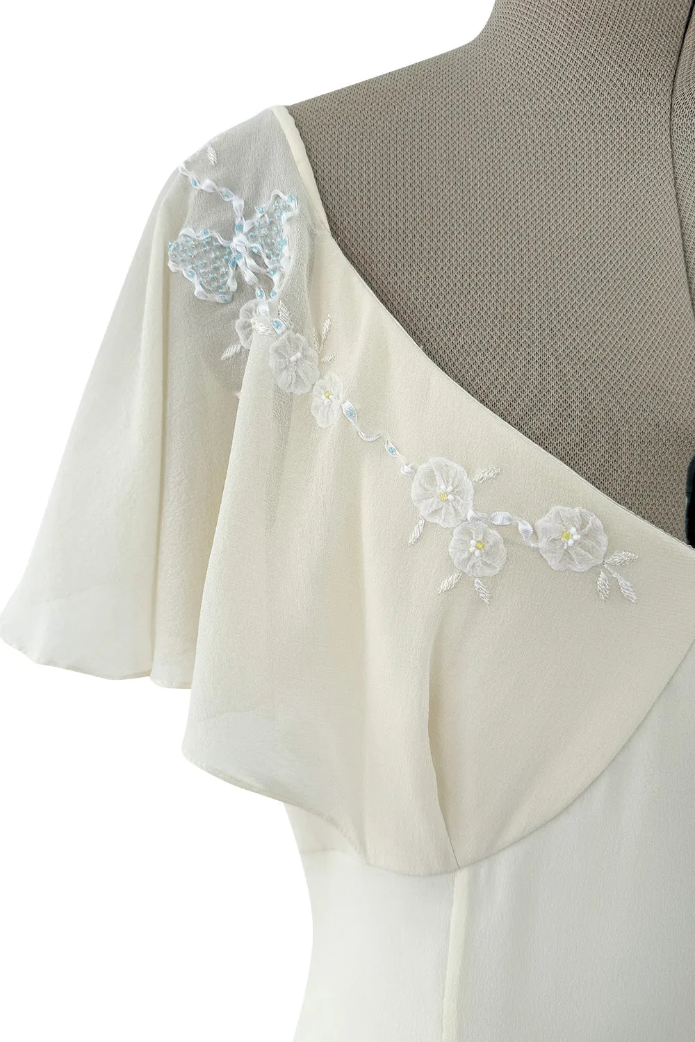 Pretty 2000s Blumarine Sposa Ivory Cape Sleeve Wedding Dress w Train & Emrpoidery