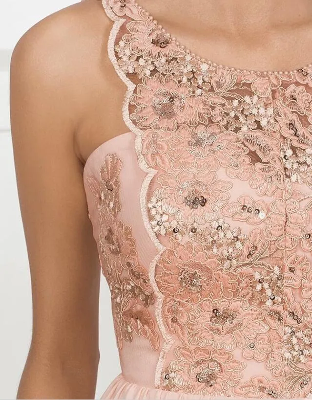 Pretty Round Neck Pink Chiffon Long Homecoming Prom Dresses with Appliques, TYP1062