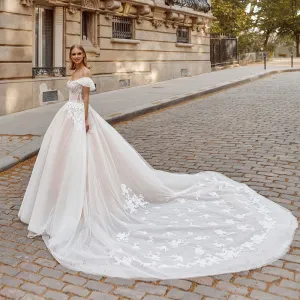 Princess A-line Wedding Gowns Abiti Da Sposa Of The Shoulder Short Sleeve Zipper Up Appliques Tulle See Through Wedding Dresses