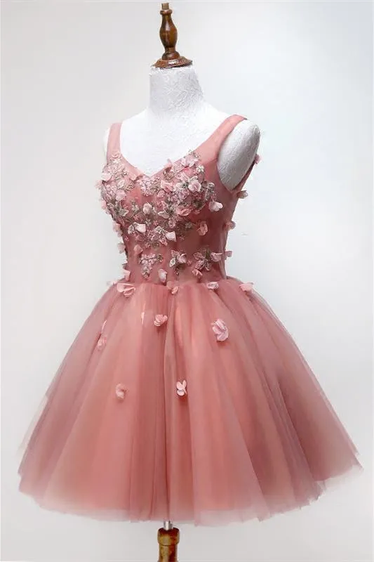 Princess V-Neck Blush Pink Homecoming Dress with Flowers