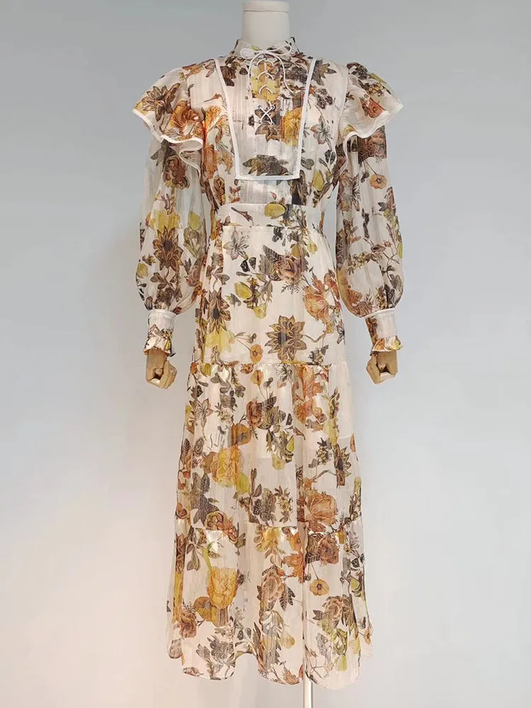 Print Floral Colorblock Dress For Women Stand Collar Long Sleeve