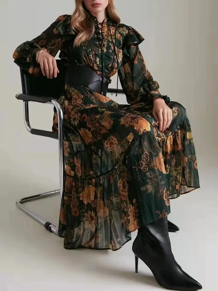 Print Floral Colorblock Dress For Women Stand Collar Long Sleeve