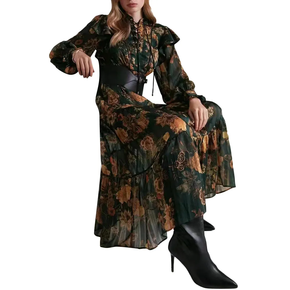 Print Floral Colorblock Dress For Women Stand Collar Long Sleeve
