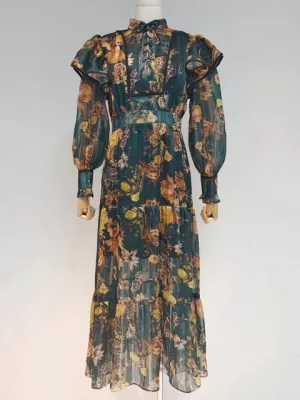 Print Floral Colorblock Dress For Women Stand Collar Long Sleeve