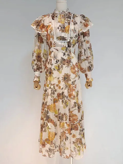 Print Floral Colorblock Dress For Women Stand Collar Long Sleeve