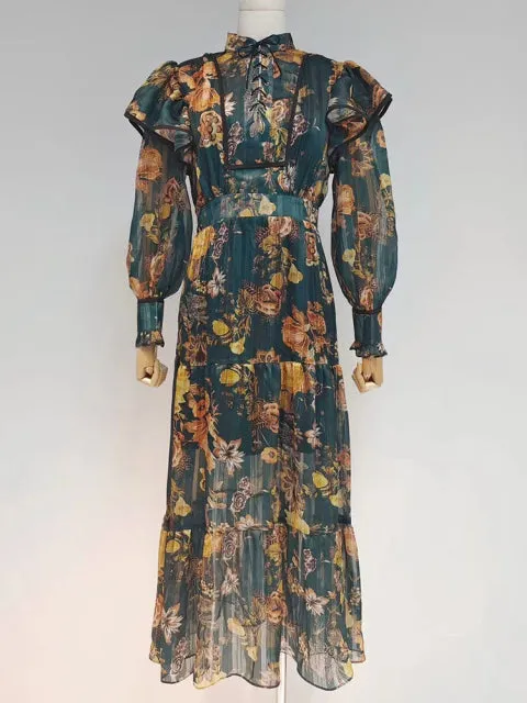 Print Floral Colorblock Dress For Women Stand Collar Long Sleeve