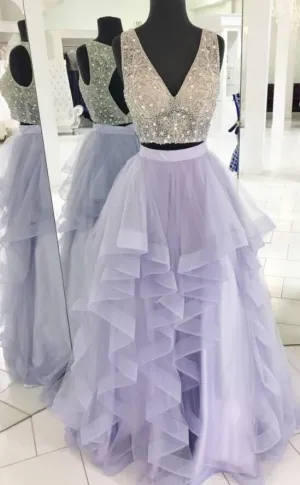 purple beaded prom dresses long v neck crystals lavender two pieces prom gown 2020 vestido Longo