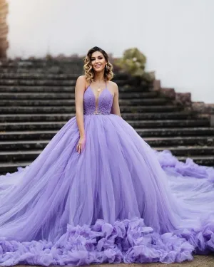 Purple Tulle Wedding Dresses Ball Gown Spaghetti Straps V-Neck Beaded Bridal Wedding Gowns 803076