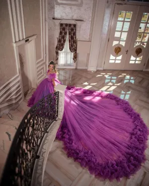 Purple Tulle Wedding Dresses Ruffles Skirt Sexy Deep V-Neckline Ball Gown Bridal Wedding Gowns 803072