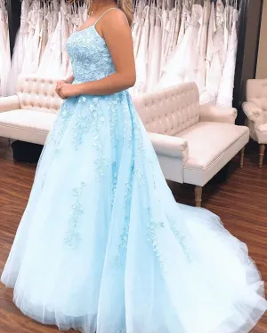 Real A Line Spaghetti Straps Sleeveless Blue Lace Prom Dresses