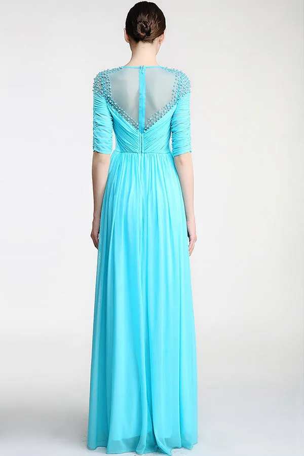 Real Nice Light Sky Blue Chiffon Half Sleeves Prom Dress ED0841