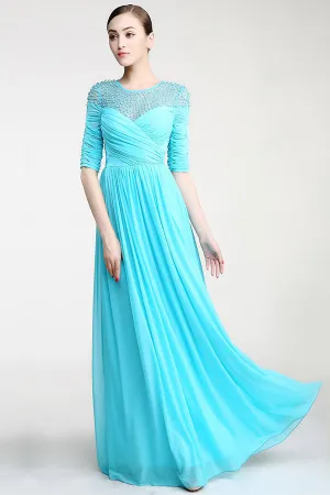 Real Nice Light Sky Blue Chiffon Half Sleeves Prom Dress ED0841