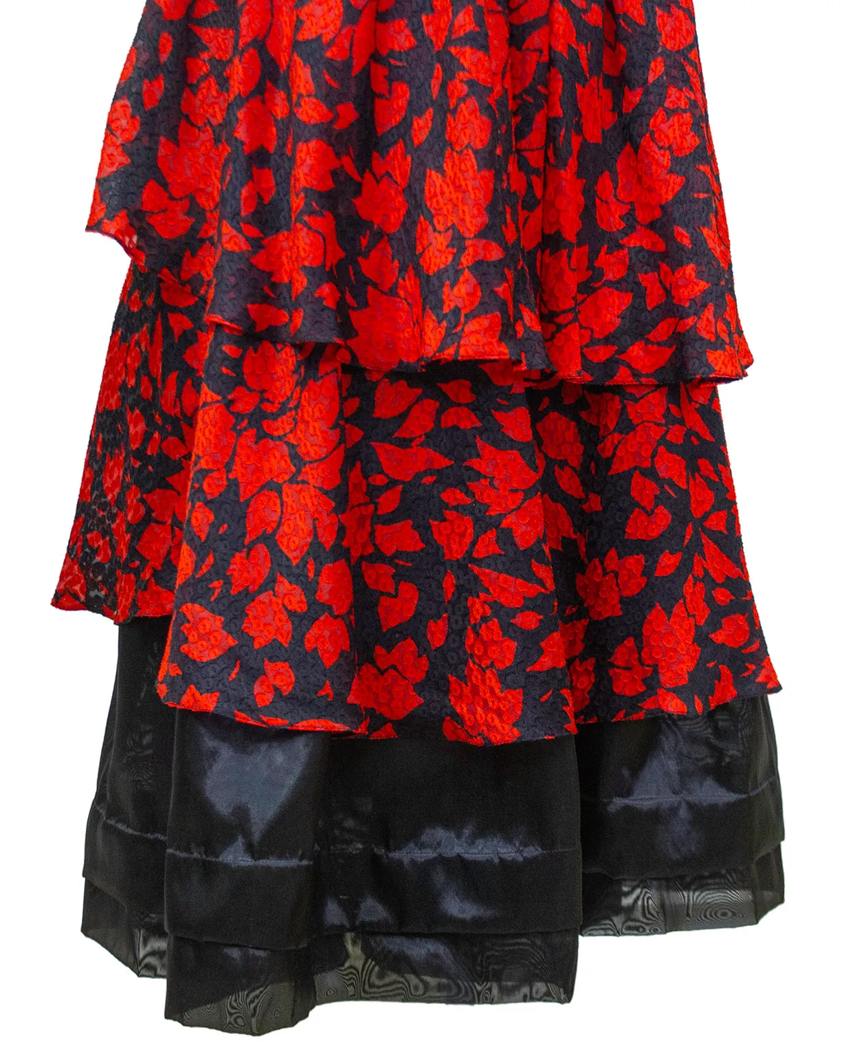 Red and Black Leaf Print Gown