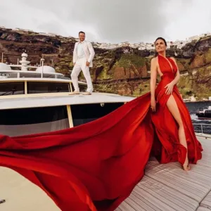 Red Long Off Shoulder High Slit Dress