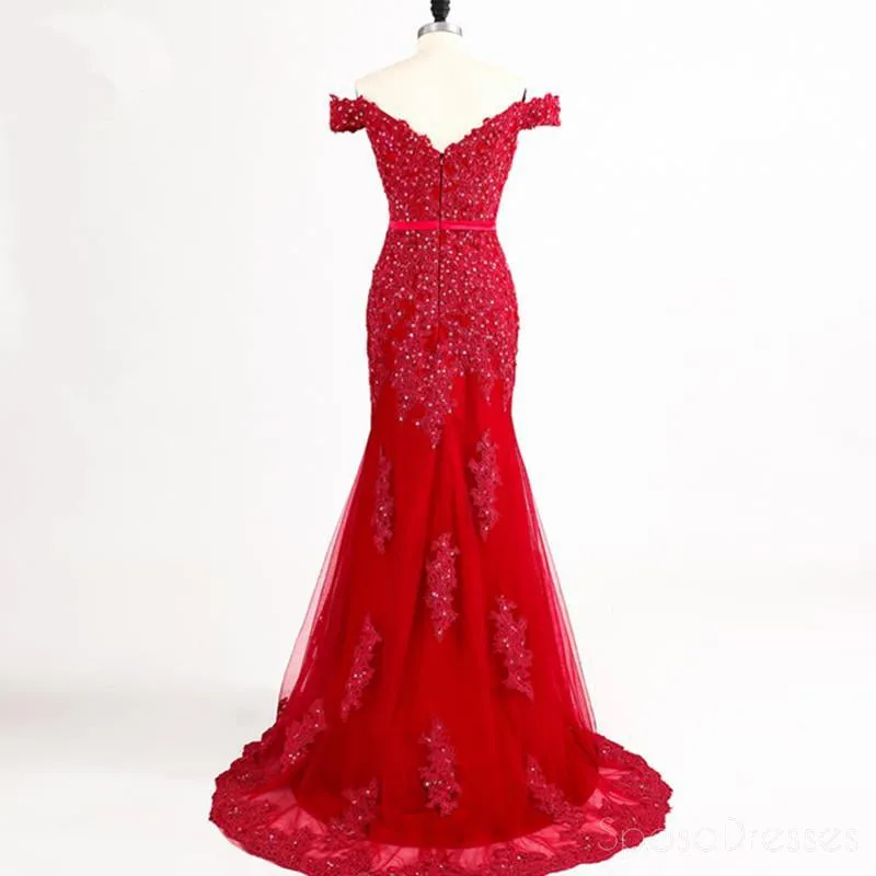 Red Sexy Mermaid Off Shoulder Lace Beaded Evening Prom Dresses, Popular Beaded Party Prom Dress, Custom Long Prom Dresses, Cheap Formal Prom Dresses, 17154