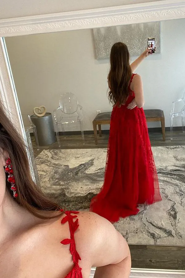 Red Tulle A-line Sweetheart Prom Dresses With Lace Appliques, Party Dress, MP741