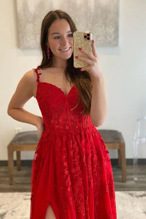 Red Tulle A-line Sweetheart Prom Dresses With Lace Appliques, Party Dress, MP741