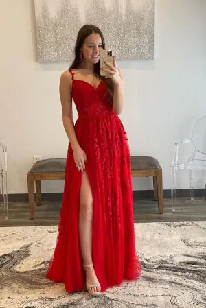 Red Tulle A-line Sweetheart Prom Dresses With Lace Appliques, Party Dress, MP741