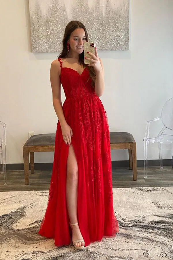 Red Tulle A-line Sweetheart Prom Dresses With Lace Appliques, Party Dress, MP741
