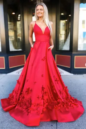 Red v neck satin long prom dress red satin long evening dress