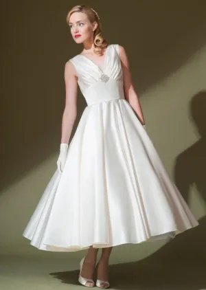Retro 50s Tea Length V Neck Satin Wedding Dress