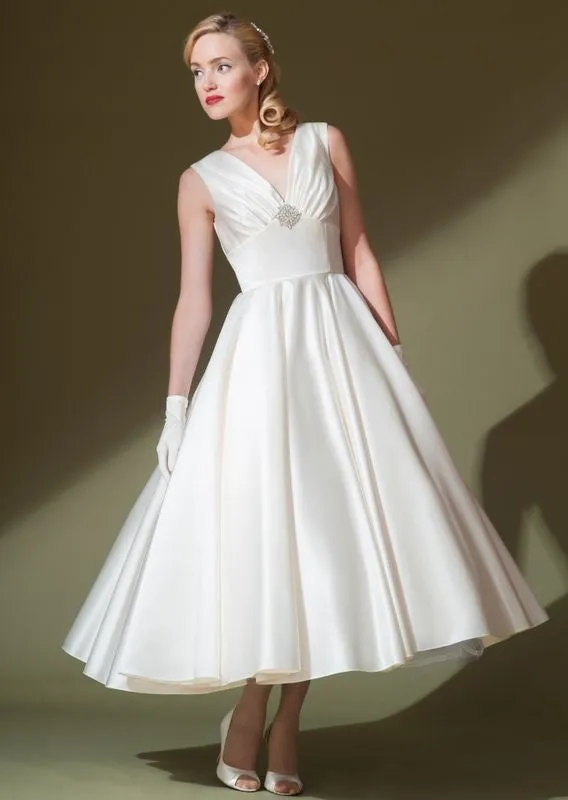 Retro 50s Tea Length V Neck Satin Wedding Dress